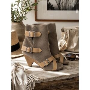 Belle‎ Sigerson Morrison Suede Buckle Peep Toe Ankle Boots Taupe Tan 8